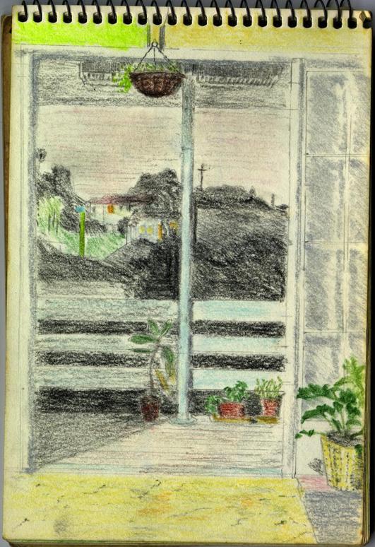 Pastel pencil drawing of view at night from living room